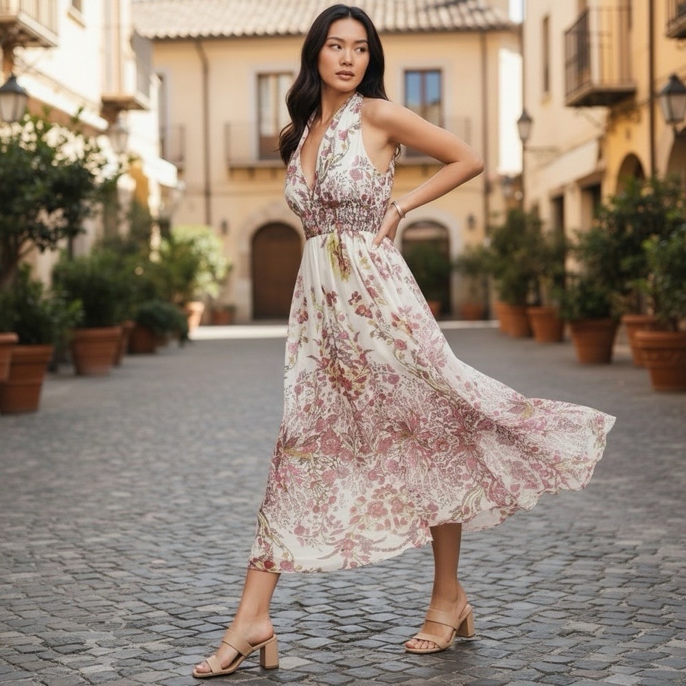 Ranna Gill Medium Nikhita Floral Chiffon Layered V-Neck Sleeveless‎ Maxi Dress